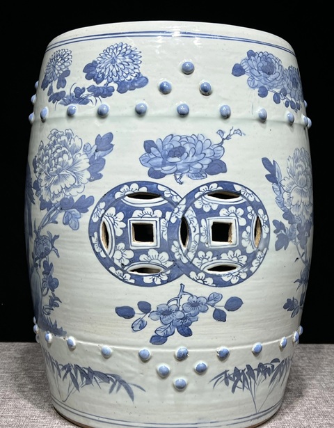 古玩陶瓷清光緒 青花富貴白頭鼓凳真品鑒賞圖