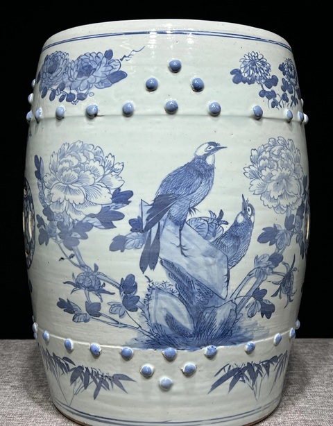 古玩陶瓷清光緒 青花富貴白頭鼓凳真品鑒賞圖