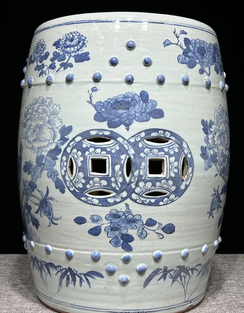 古玩陶瓷清光緒 青花富貴白頭鼓凳真品鑒賞圖