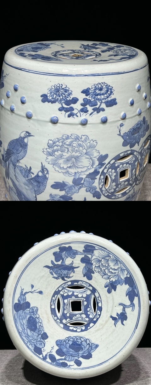 古玩陶瓷清光緒 青花富貴白頭鼓凳真品鑒賞圖