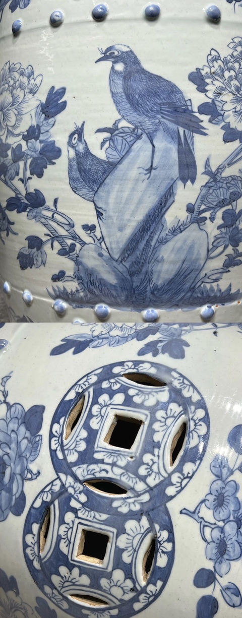 古玩陶瓷清光緒 青花富貴白頭鼓凳真品鑒賞圖