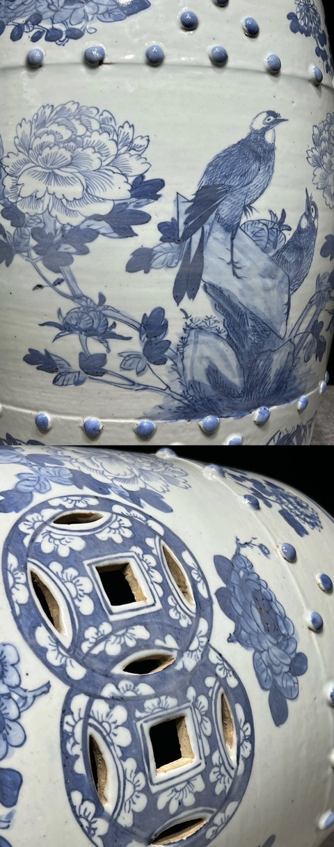 古玩陶瓷清光緒 青花富貴白頭鼓凳真品鑒賞圖