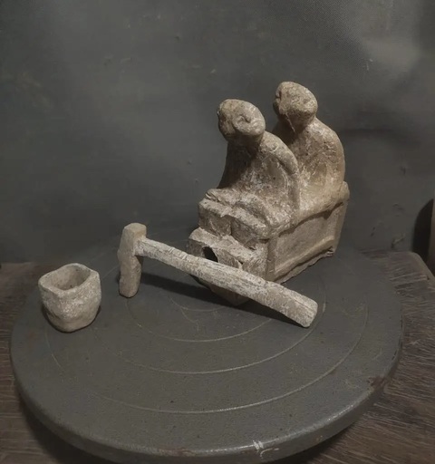 古玩陶瓷雙人舂米陶傭真品鑒賞圖