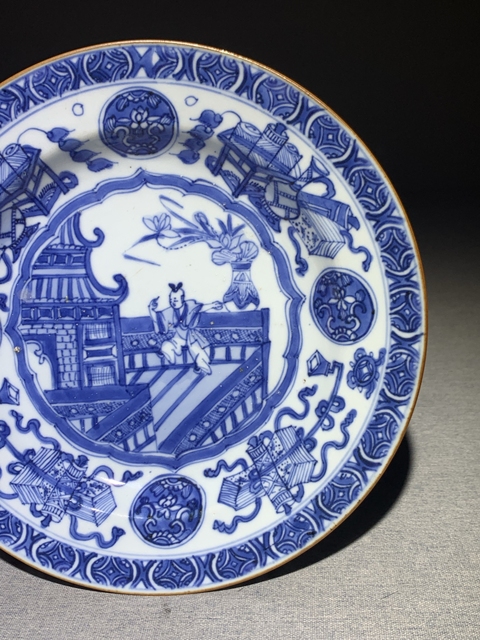 古玩陶瓷康熙青花錢幣博古蟾宮折桂盤拍賣,當前價格2380元
