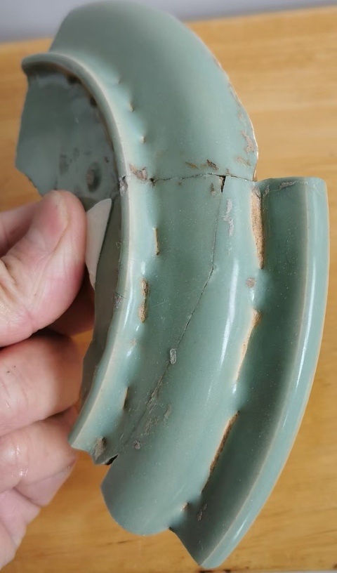 古玩陶瓷青瓷滿釉支燒折沿洗真品鑒賞圖