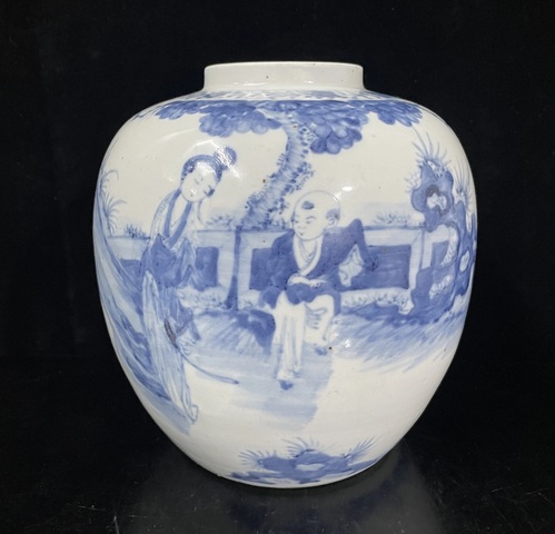 古玩陶瓷晚清小康青花人物罐拍賣，當前價格4500元