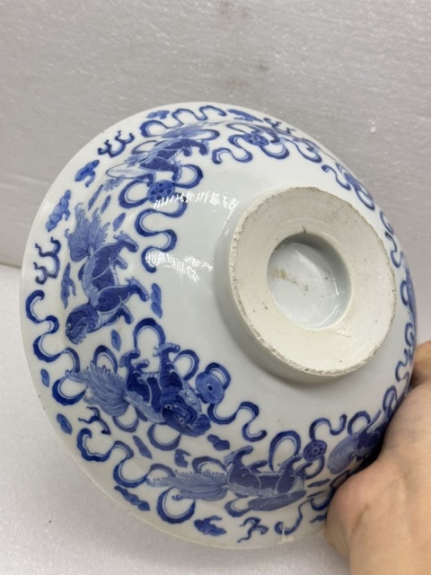 古玩陶瓷青花獅紋撇口碗，平臺不允許估價真品鑒賞圖