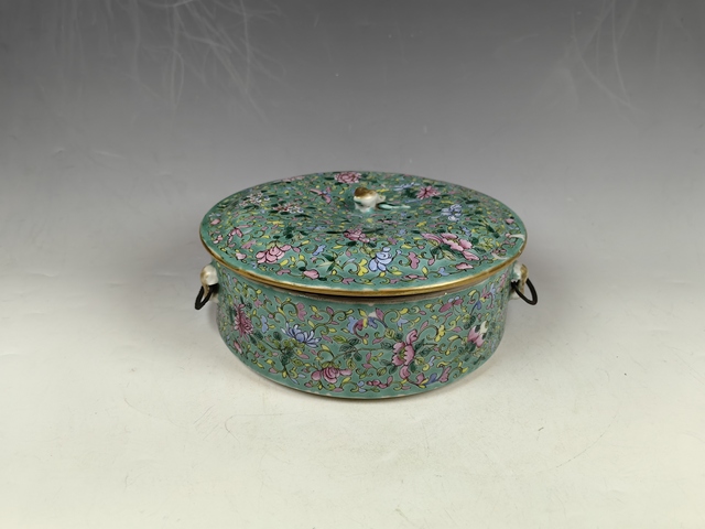 古玩陶瓷清晚松石綠粉彩花卉紋一品鍋真品鑒賞圖
