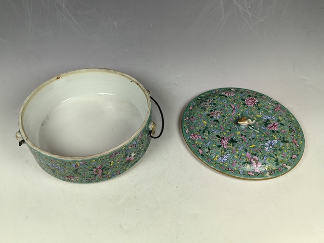 古玩陶瓷清晚松石綠粉彩花卉紋一品鍋真品鑒賞圖