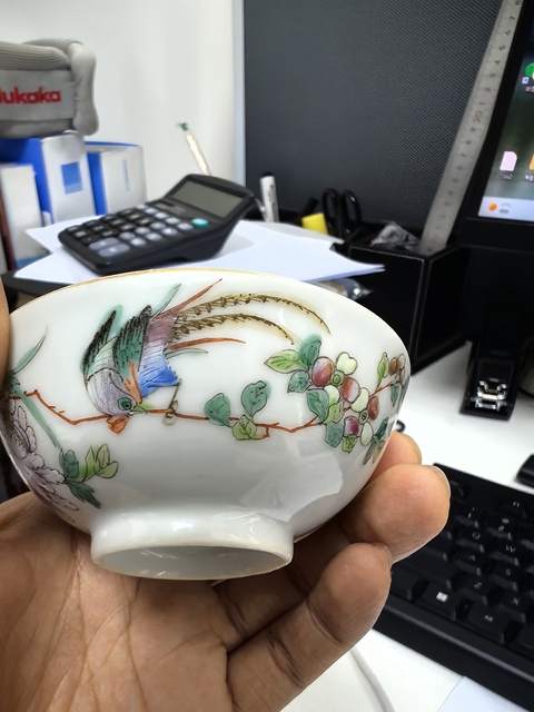 古玩陶瓷粉彩花鳥紋茶圓真品鑒賞圖