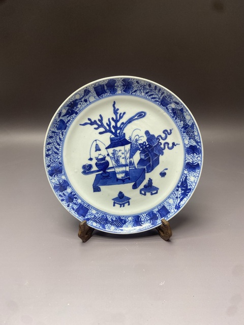 古玩陶瓷清中晚魚紋博古青花盤拍賣，當前價格2690元