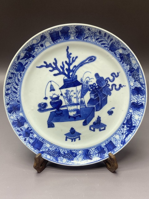 古玩陶瓷清中晚魚紋博古青花盤拍賣，當前價格2690元