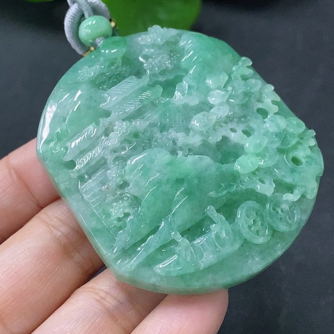 古玩玉器天然翡翠山水牌玉墜(帶翡翠鑒定證書)拍賣,當前價格3500元