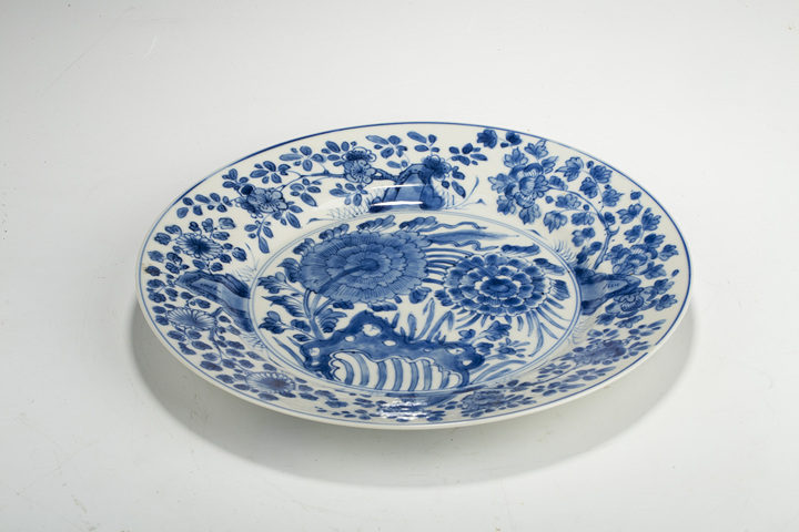 古玩陶瓷清康熙·青花洞石花卉紋折沿盤拍賣，當(dāng)前價(jià)格536元
