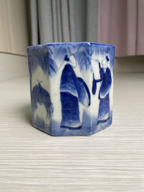 古玩陶瓷清中期 青花竹林高士圖八方筆筒真品鑒賞圖