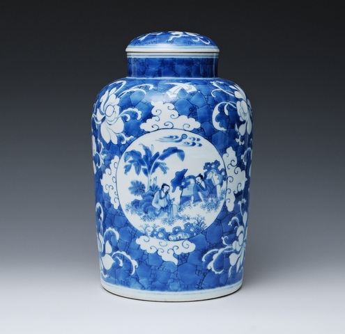 古玩陶瓷明末清初青花人物蓋罐真品鑒賞圖