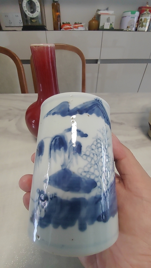 古玩陶瓷青花山水人物紋筆筒真品鑒賞圖