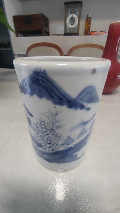 古玩陶瓷青花山水人物紋筆筒真品鑒賞圖