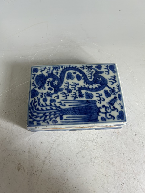 古玩陶瓷明·萬歷青花龍鳳紋墨盒真品鑒賞圖