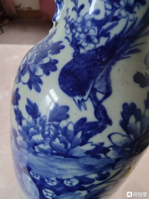 古玩陶瓷豆青釉青花花鳥紋盤口瓶真品鑒賞圖