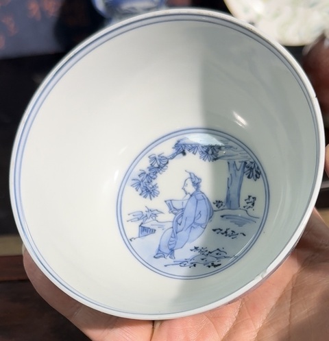 古玩陶瓷青花人物故事紋茶碗真品鑒賞圖