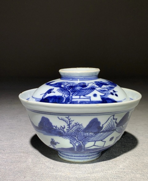 古玩陶瓷青花通景山水蓋碗拍賣,當前價格3800元