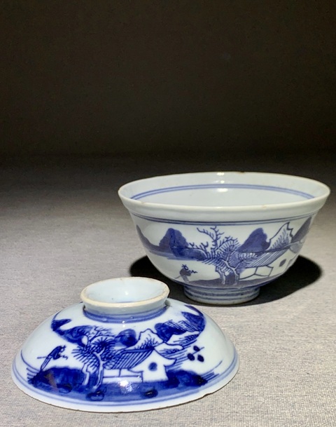 古玩陶瓷青花通景山水蓋碗拍賣,當前價格3800元