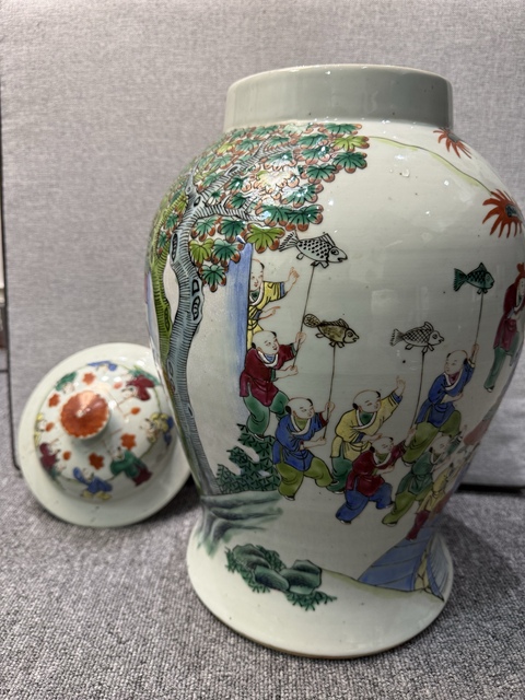 古玩陶瓷晚清百子鬧春粉彩將軍罐真品鑒賞圖