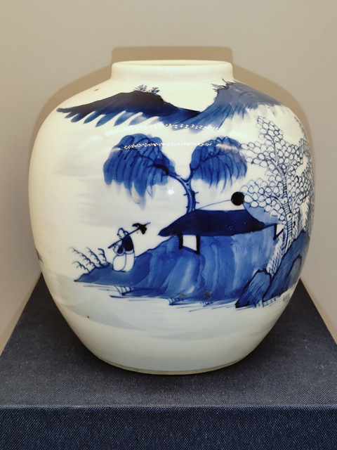 古玩陶瓷清代，精品通景山水人物青花罐拍賣，當前價格3999元