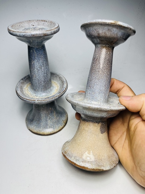 古玩陶瓷(清代)窯變哥釉燈臺一對拍賣,當前價格0元