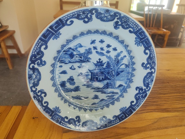 古玩陶瓷樓臺亭閣山水紋青花盤拍賣,當前價格3800元