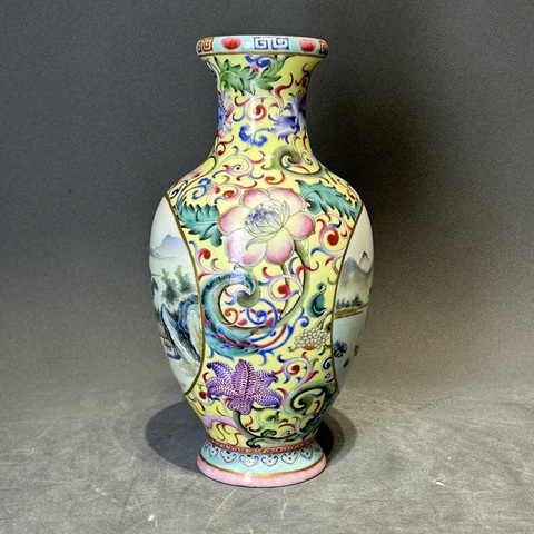 古玩陶瓷洋彩花卉開窗山水紋觀音瓶真品鑒賞圖
