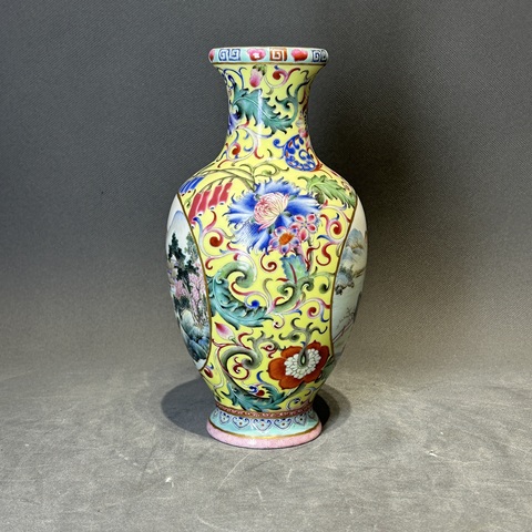 古玩陶瓷洋彩花卉開窗山水紋觀音瓶真品鑒賞圖