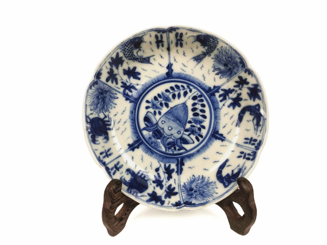 古玩陶瓷清光緒·青花魚(yú)蝦蟹花口盤(pán)真品鑒賞圖