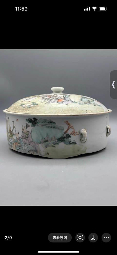古玩陶瓷淺絳彩人物故事紋蓋鍋真品鑒賞圖