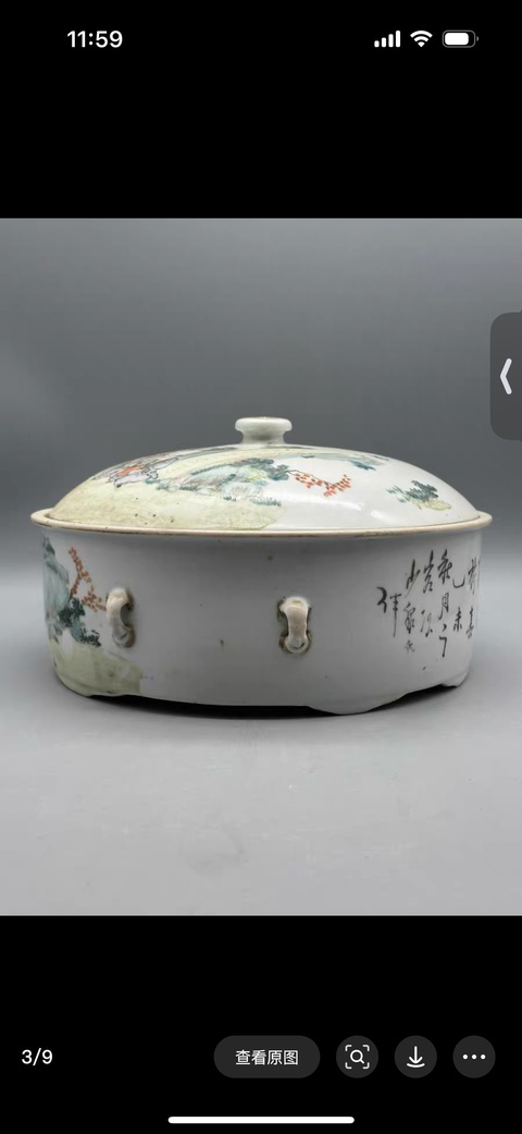 古玩陶瓷淺絳彩人物故事紋蓋鍋真品鑒賞圖