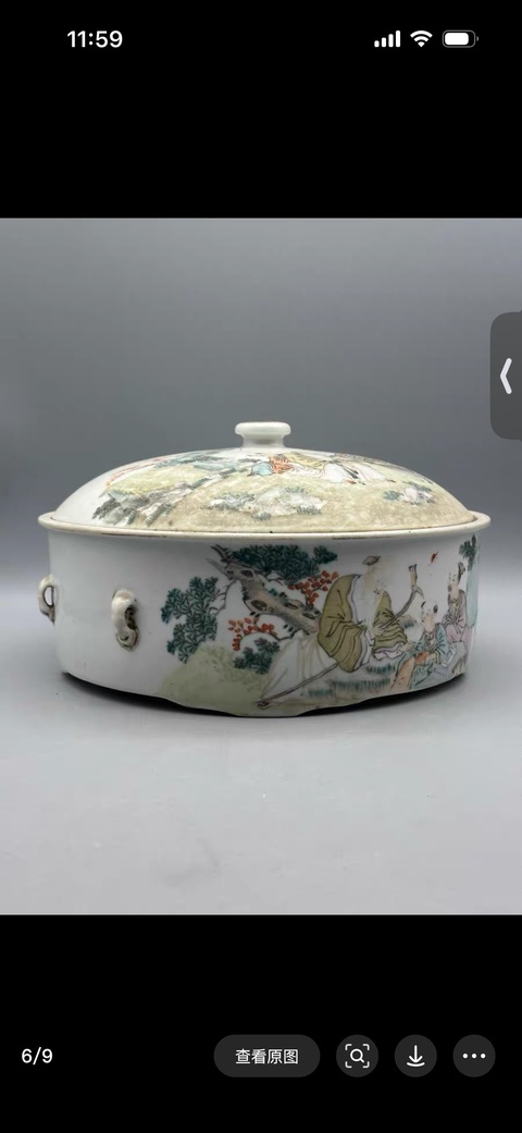 古玩陶瓷淺絳彩人物故事紋蓋鍋真品鑒賞圖