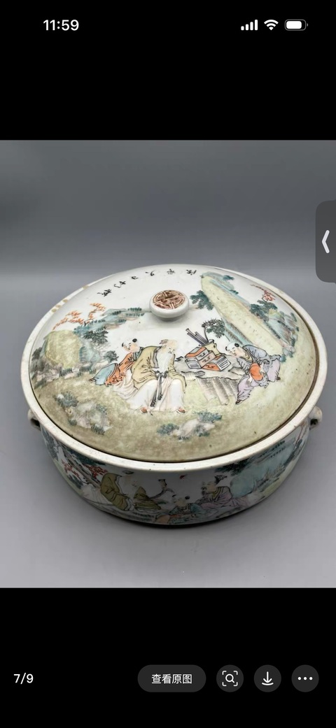 古玩陶瓷淺絳彩人物故事紋蓋鍋真品鑒賞圖