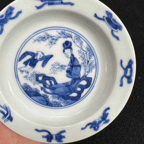 古玩陶瓷三娘教子圖青花盤真品鑒賞圖