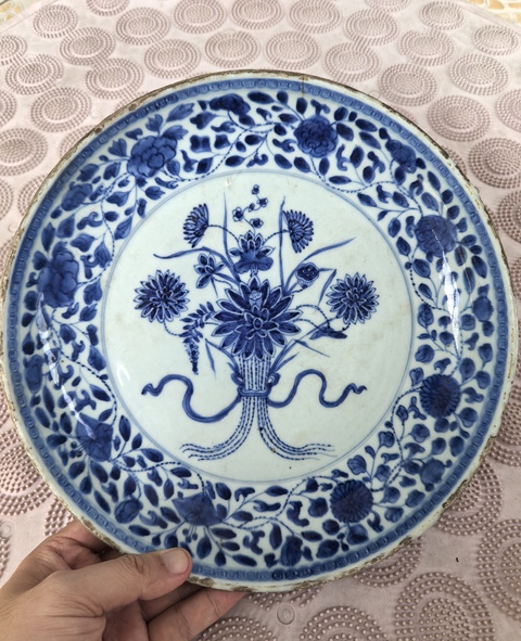 古玩陶瓷清雍正仿永宣青花一把蓮紋臥盤拍賣,當前價格19800元