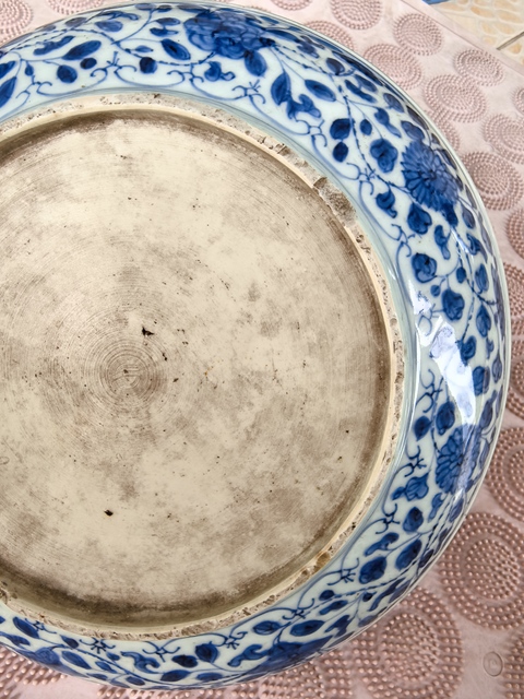 古玩陶瓷清雍正仿永宣青花一把蓮紋臥盤拍賣,當前價格19800元