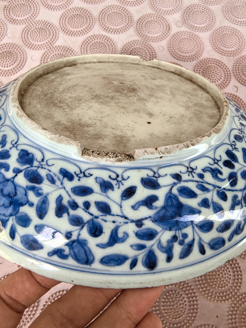 古玩陶瓷清雍正仿永宣青花一把蓮紋臥盤拍賣,當前價格19800元