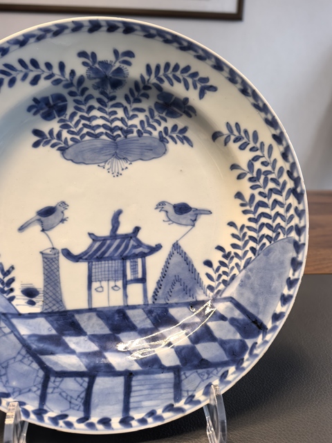 古玩陶瓷康熙亭臺肥頭鳥青花折腰盤拍賣,當前價格1680元