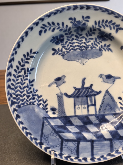 古玩陶瓷康熙亭臺肥頭鳥青花折腰盤拍賣,當前價格1680元