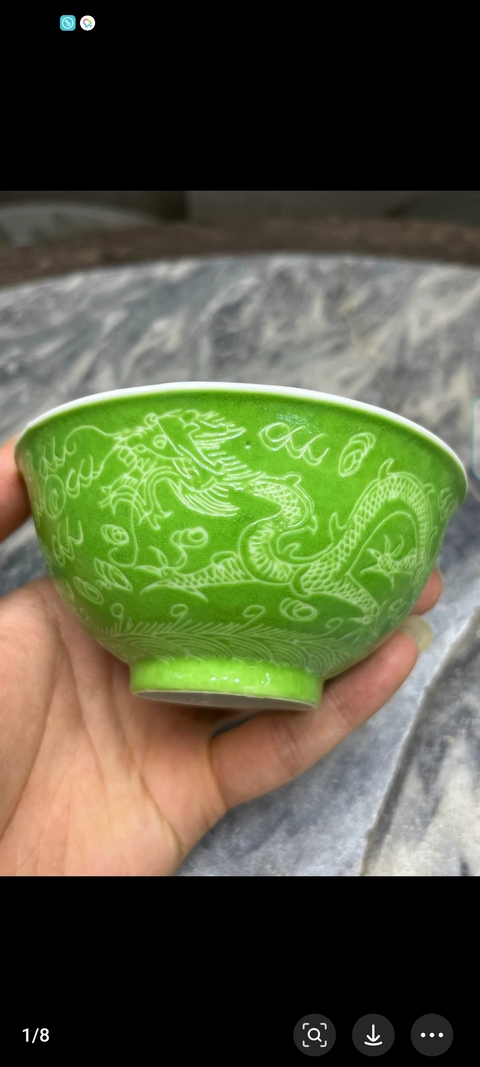 古玩陶瓷綠釉匝道雙龍戲珠紋碗真品鑒賞圖