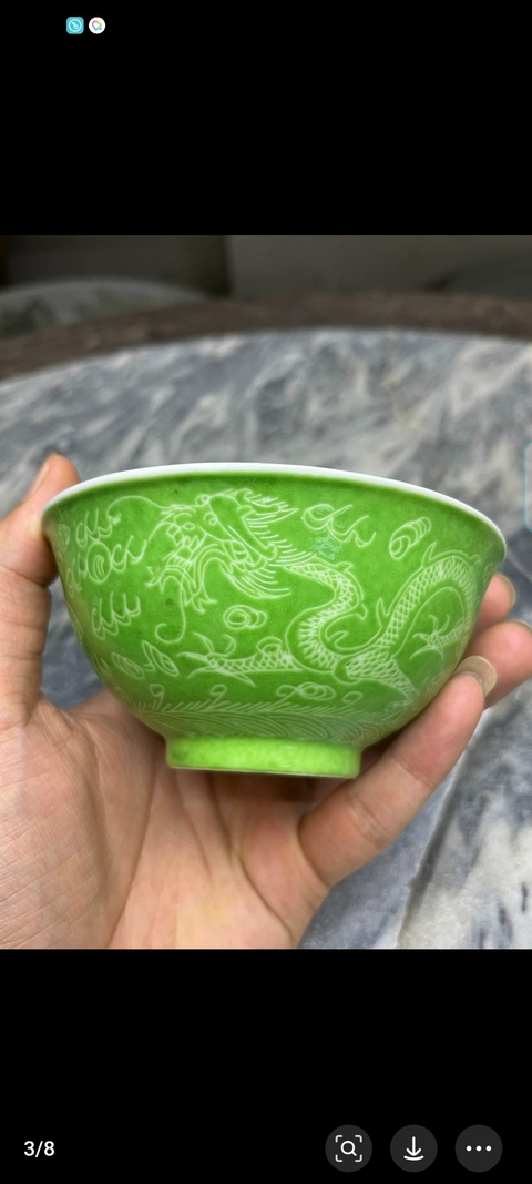古玩陶瓷綠釉匝道雙龍戲珠紋碗真品鑒賞圖