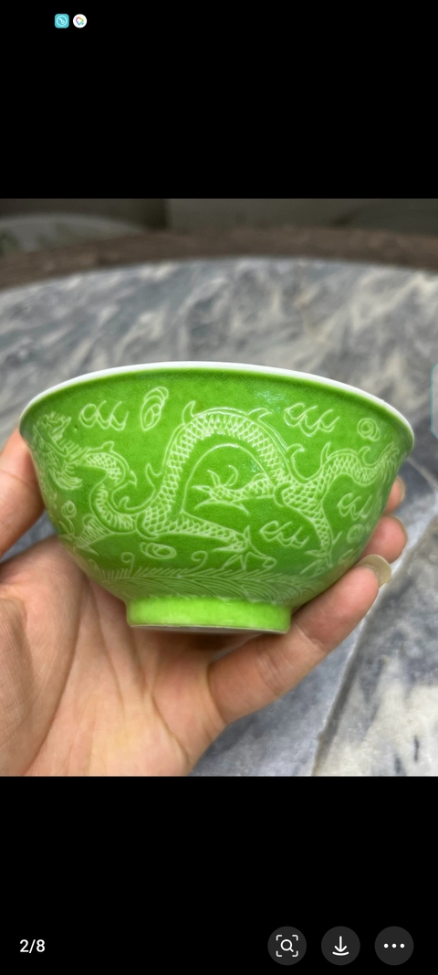 古玩陶瓷綠釉匝道雙龍戲珠紋碗真品鑒賞圖