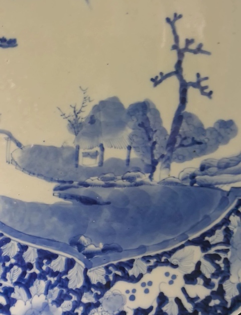古玩陶瓷青花花卉開窗山水紋盤（日本瓷）真品鑒賞圖