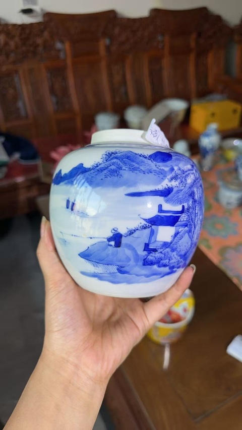 古玩陶瓷樵漁耕讀山水紋青花罐真品鑒賞圖