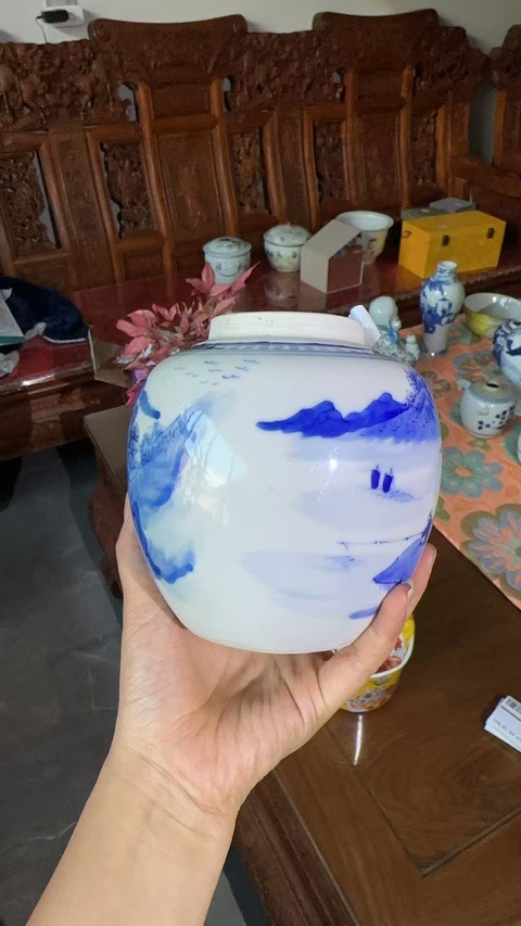 古玩陶瓷樵漁耕讀山水紋青花罐真品鑒賞圖